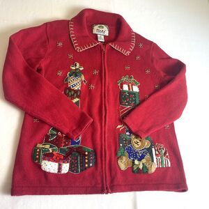 Vintage Tiara International Christmas Sweater Jacket S Red Embellished Holiday